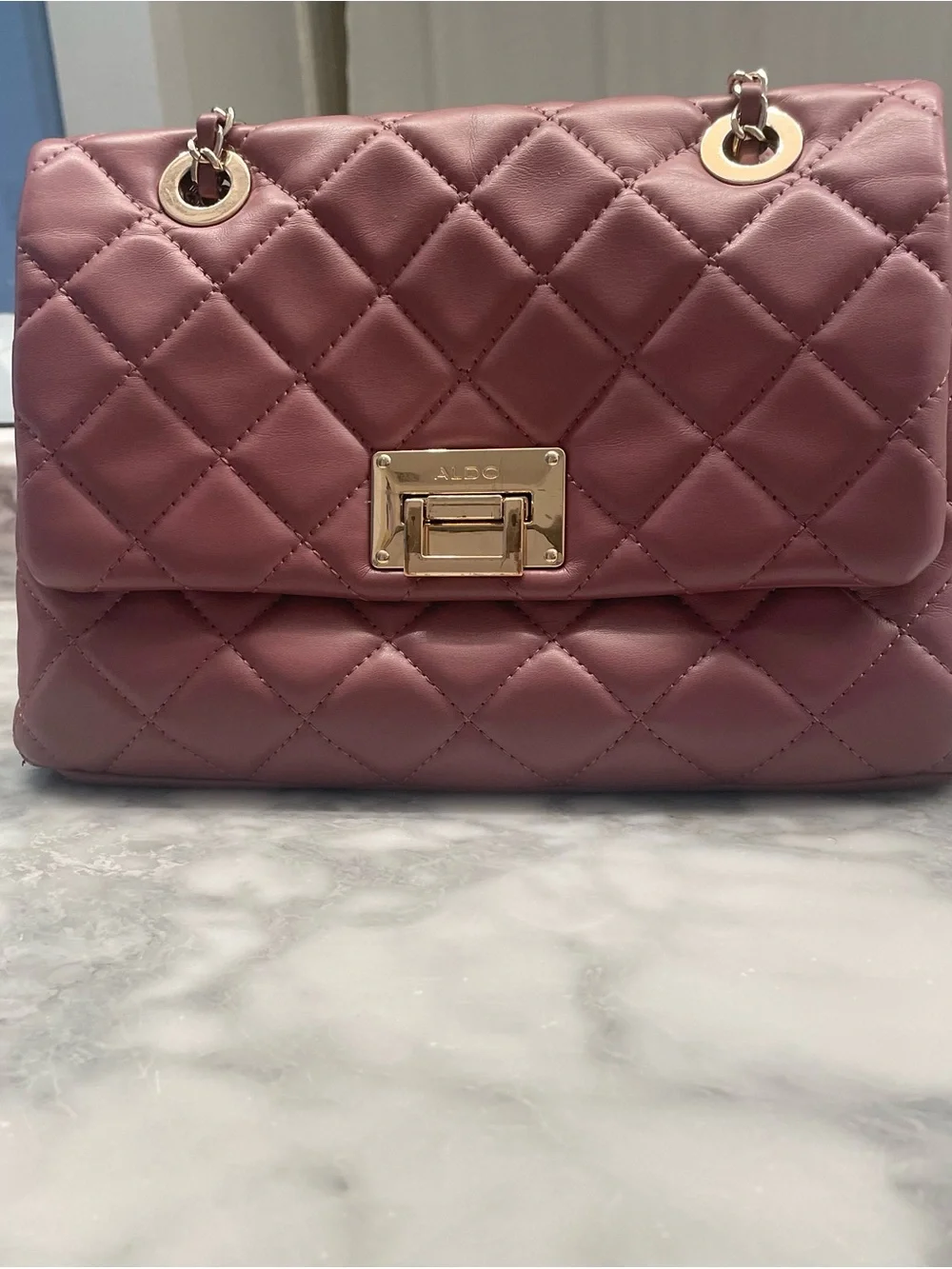 Aldo Quilted Mauve Shoulder Bag with Gold Chain Strap